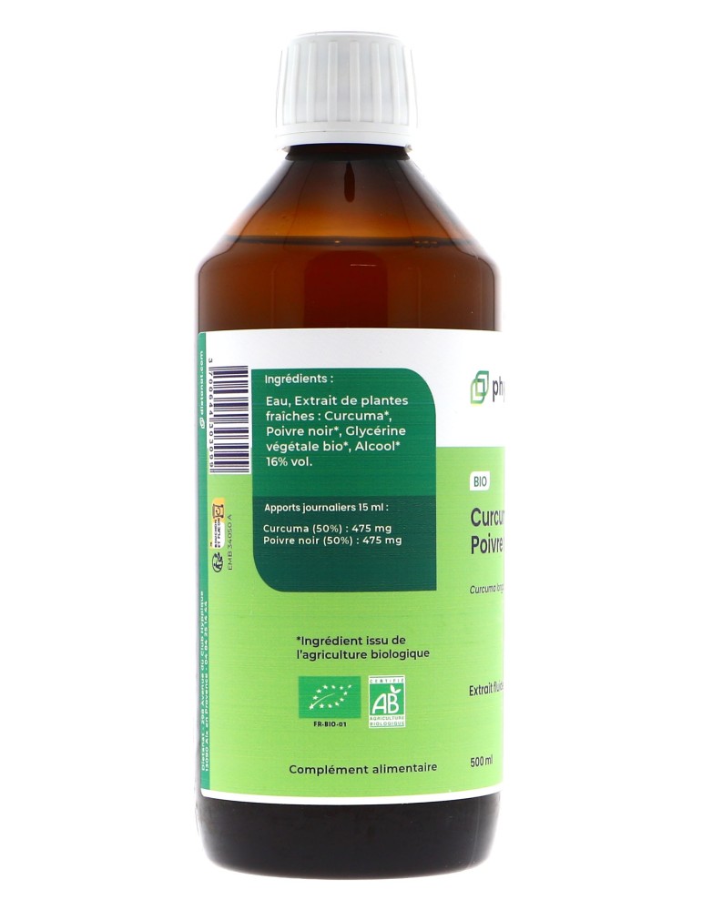 Complexe Curcuma bio et Poivre Noir bio - 500 ml, extrait de plantes fraîches